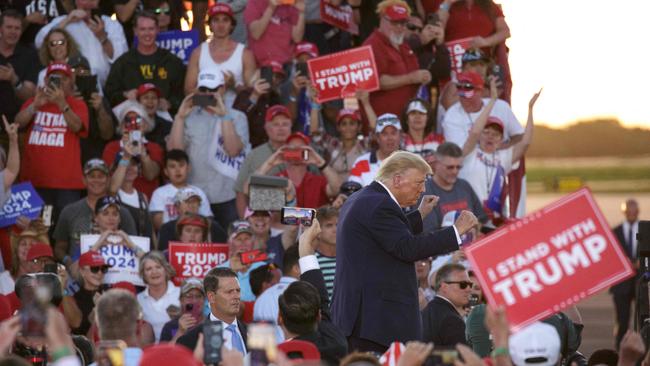 Donald Trump dances off the stage at the end of a 2024 election campaign rally in Waco, Texas, March 25, 2023. Picture: AFP