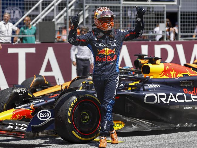 Red Bull Racing's Dutch driver Max Verstappen celebrates after the sprint session on the Red Bull Ring race track in Spielberg, Austria, on June 29, 2024, ahead of the Formula One Austrian Grand Prix. (Photo by ERWIN SCHERIAU / APA / AFP) / Austria OUT