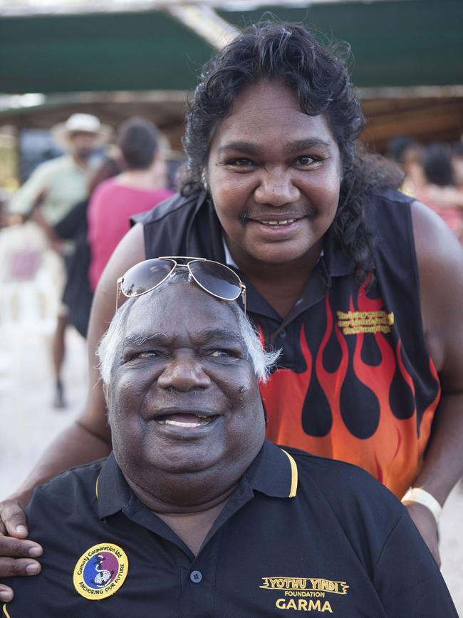 Indigenous leader Yunupingu with daughter Binmila Yunupingu at Garma 2018. Picture: Melanie Faith Dove