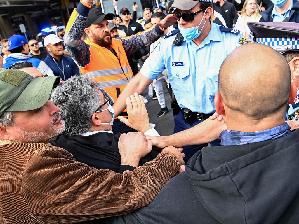 Protesters clash with police at the protests in Sydney. Picture: NCA NewsWire/Bianca De Marchi