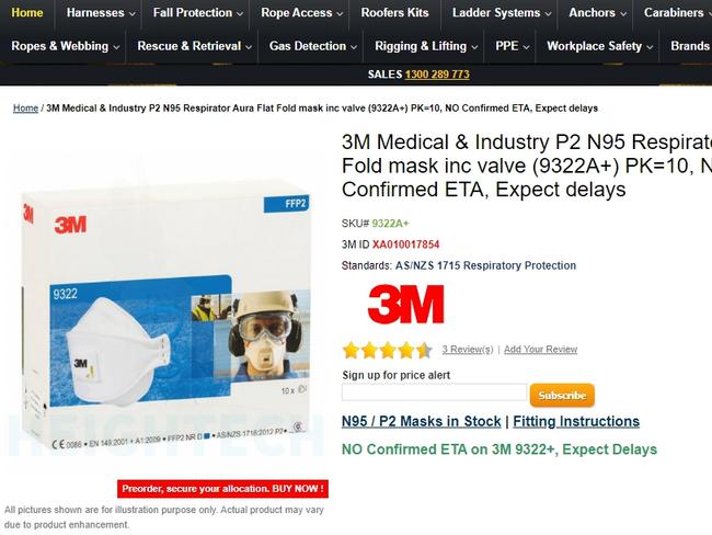 An N95 Mask sold at Work Safe Gear. The AMA is calling for all frontline healthcare workers to be given these masks to protect them against coronavirus. Picture: Supplied