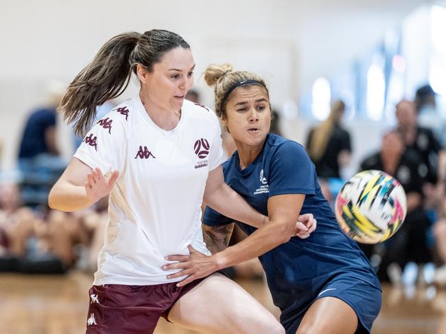 Action from 2025 National Futsal Championships at the State Netball Centre in Melbourne. Picture: Graeme Furlong