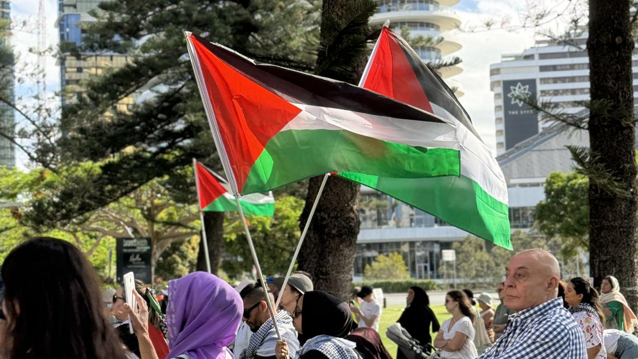 More than a hundred people gathered on the lawn of Victoria Park, Broadbeach for a Palestine solidarity rally calling for an immediate ceasefire to the bombing in Gaza. Picture: Amaani Siddeek