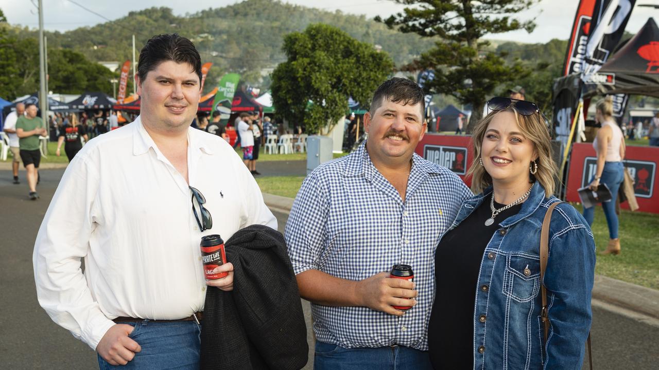 At Meatstock are (from left) Andrew Sinnamon, Terry Randell and Siobhan Randell at Toowoomba Showgrounds, Friday, April 8, 2022. Picture: Kevin Farmer