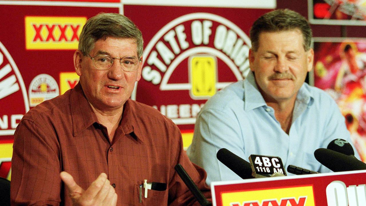 29 Apr 2001 Qld State of Origin team announcement. John McDonald and Gene Miles. pic Ray/Cash sport rugby league headshot logo logos