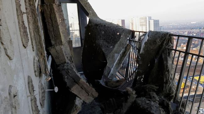 A view shows a damaged apartment building in a residential complex following the “massive” drone attack. Picture: AFP