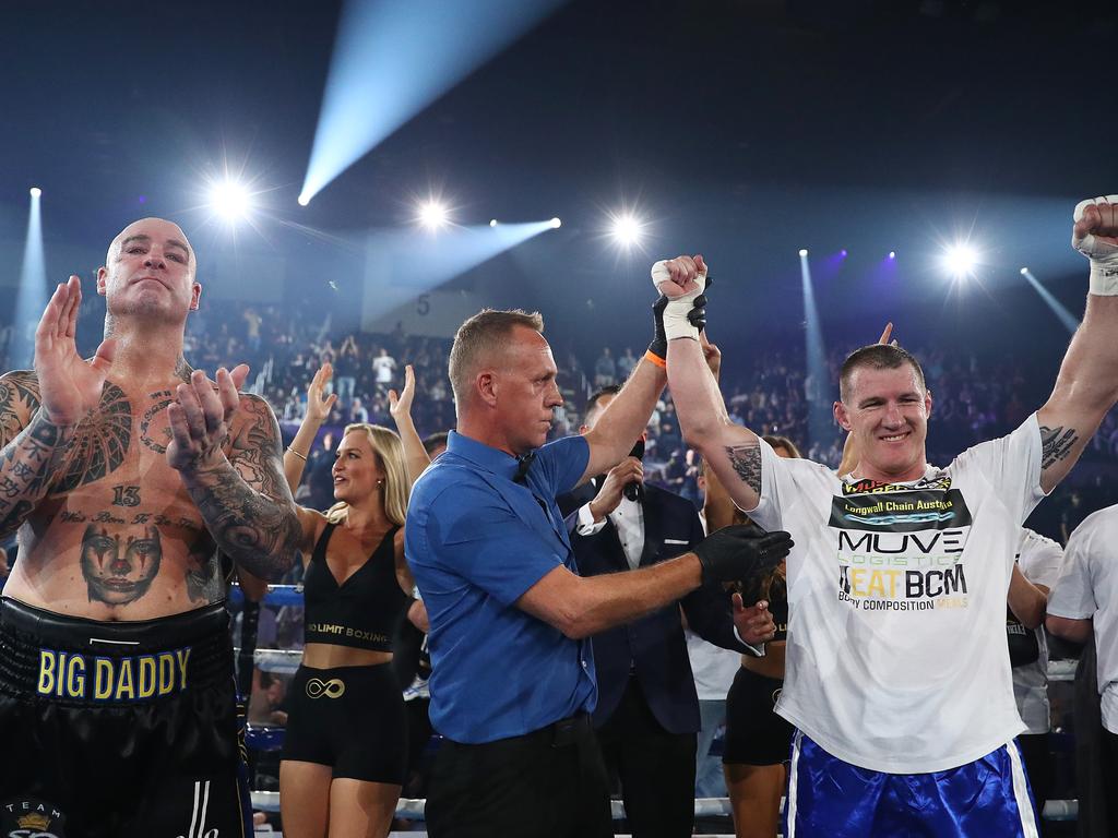 Paul Gallen celebrates after defeating Lucas Browne. (Photo by Mark Metcalfe/Getty Images)