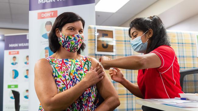 Health Minister Natatsha Fyles gets her second Covid19 vaccination at the Royal Darwin Hospital. Picture: Che Chorley