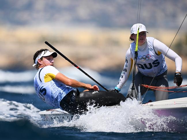 MARSEILLE, FRANCE - JULY 24: Nia Jerwood and Nicholas Conor of Team Australia practice during a Mixed Dinghy sailing training session ahead of the Paris 2024 Olympic Games at Marseille Marina on July 24, 2024 in Marseille, France. (Photo by Clive Mason/Getty Images)