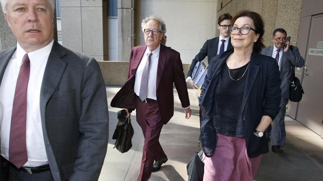 Australian actor Geoffrey Rush and his wife Jane arrive at the Federal Court in Sydney on Tuesday. Picture: AAP