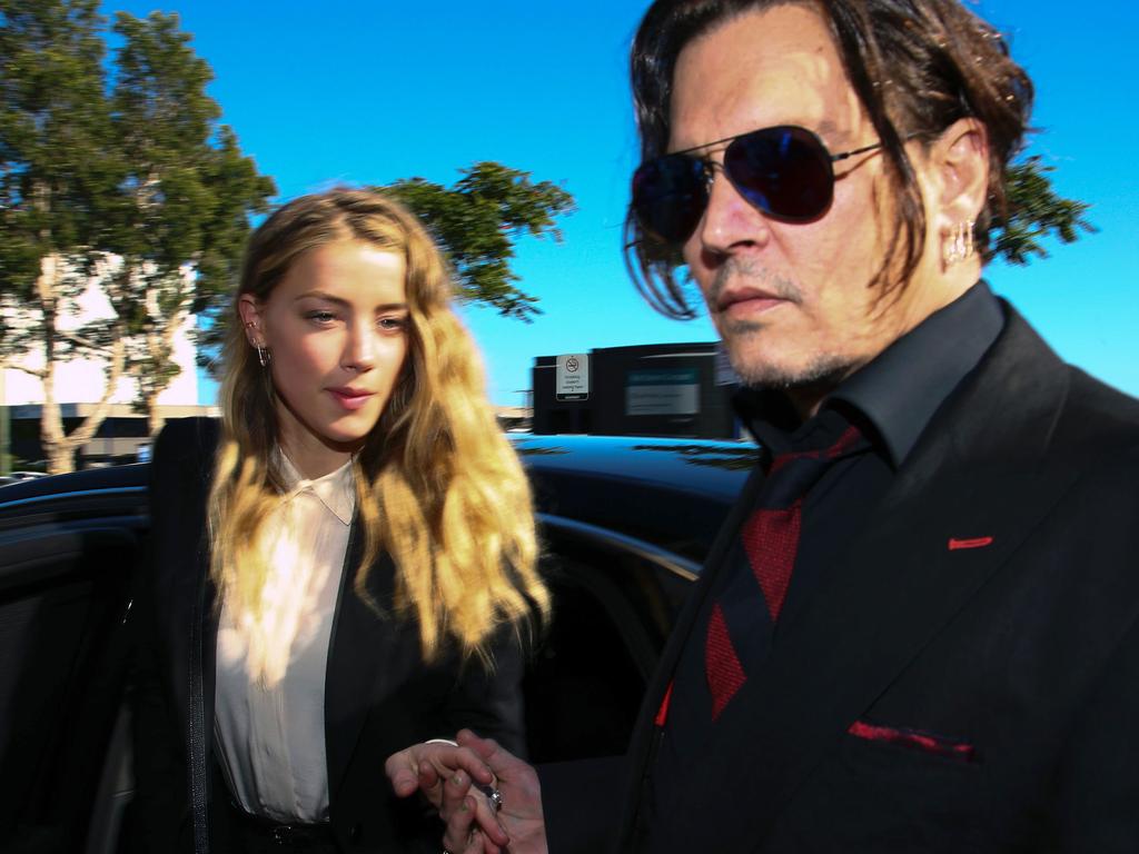 Depp and Heard at a magistrates court in the Gold Coast in a case over their dogs entering Australia illegally. No charges were laid. Picture: AFP PHOTO / Patrick HAMILTON