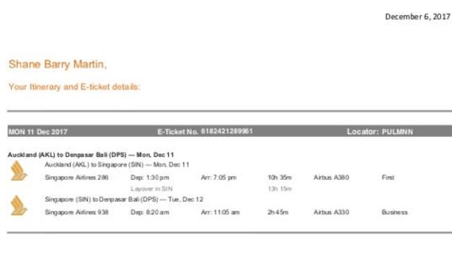 Shane Martin’s revised flights via Singapore, following Australian Government advice.