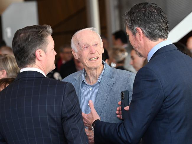 Bob Ansett talks to Deputy Premier Ben Carroll and Lord Mayor of Melbourne Nicholas Reece. Picture: Josie Hayden