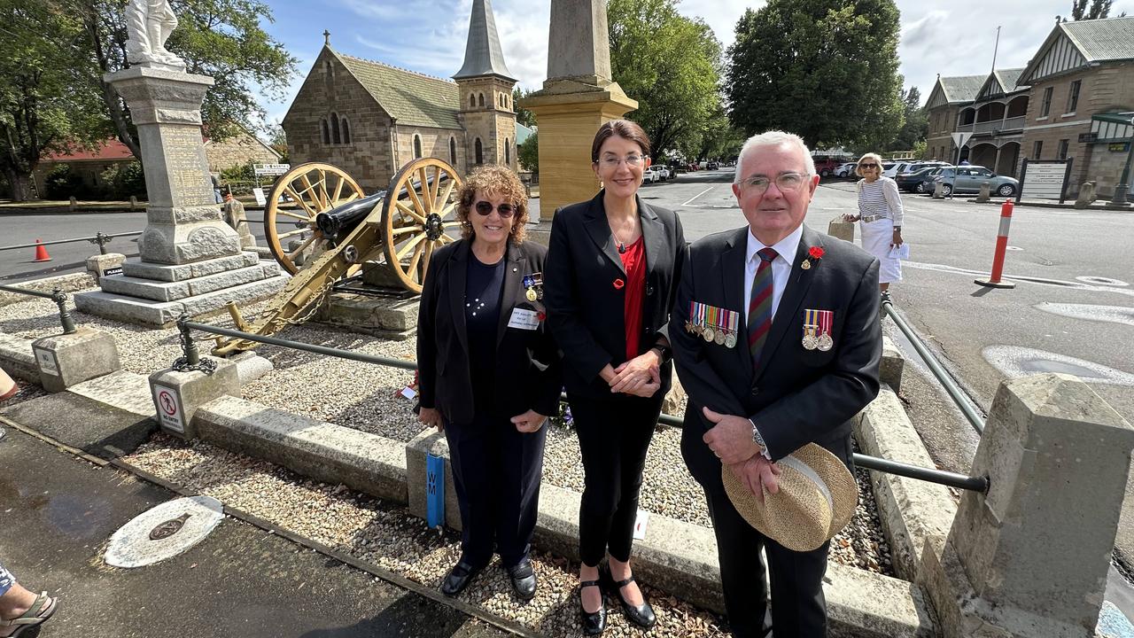 Mary Knowles OAM Mayor of Northern Midlands Council, Minister Jacquie Petrusma, Andrew Wilkie independent member for Clark. Commemoration in Ross of the 80th anniversary of the capture of Tasmania's 2/40th Battalion. Picture: Damian Mather