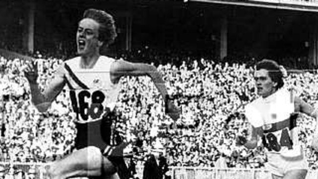 Betty Cuthbert at the finish of the women's 200m final at the 1956 Olympics.