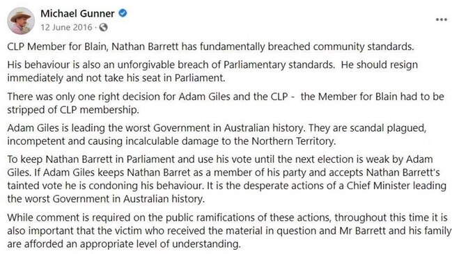 A screen shot from Michael Gunner's Facebook page about the Nathan Barrett sex scandal saga in 2016