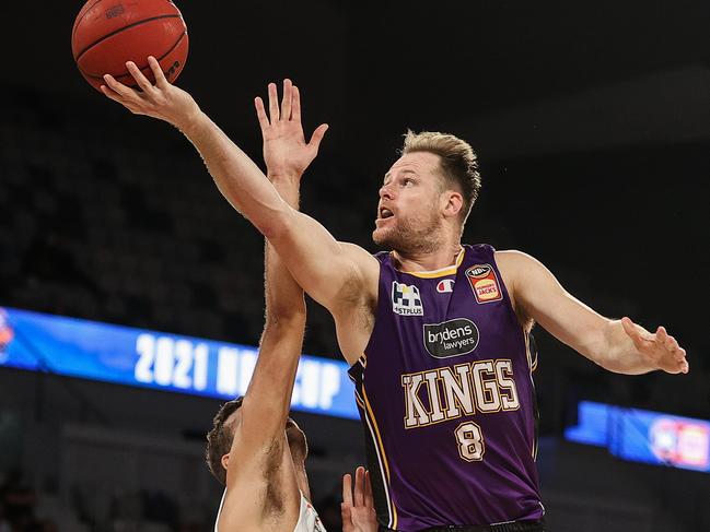 MELBOURNE, AUSTRALIA - FEBRUARY 21: Brad Newley of the Kings shoots the ball during the NBL Cup match between the Sydney Kings and the Adelaide 36ers at John Cain Arena on February 21, 2021, in Melbourne, Australia. (Photo by Martin Keep/Getty Images)
