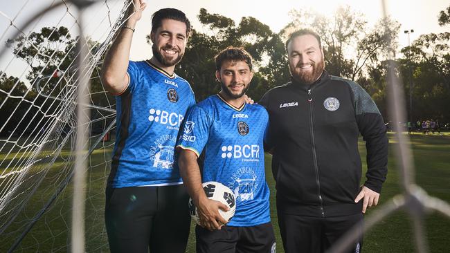 Carlo Troncone, Ali Hosseini, and George Francesco Belperio at AC Unito training in Adelaide. Picture: Matt Loxton