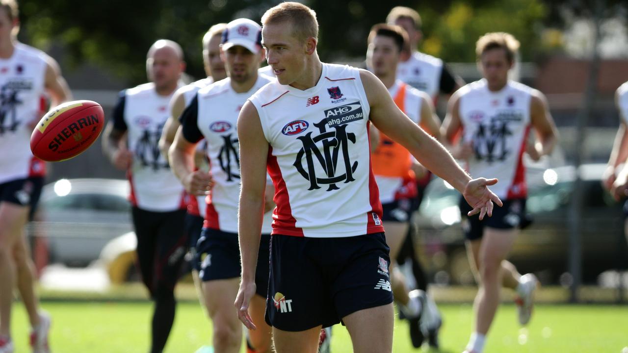 Bernie Vince of the Demons gathers the ball during the Melbourne Football Clubs training session at Gosch's Paddock, Melbourne on Friday 27th March, 2015. Picture: Mark Dadswell