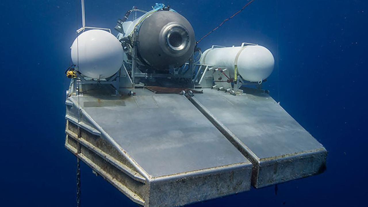 The Titan submersible on a platform awaiting signal to dive. Picture: Handout / OceanGate Expeditions / AFP