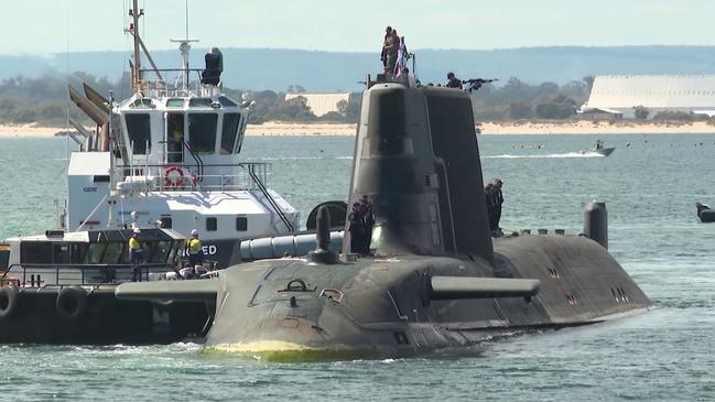 A Royal Navy nuclear-powered submarine arrives at HMAS Stirling for a routine logistics and crew respite visit.