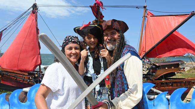 Sheree (Pirate Hangry), Annabelle (Pirate Squinty), 8, and Silvio Rodriguez (Pirate Silver Beard) at the Mooloolaba Foreshore Festival. Picture: Tegan Annett