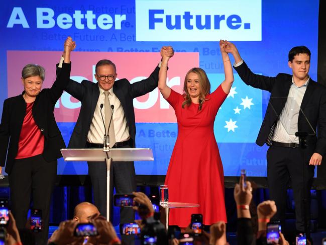 A jubilant Anthony Albanese on federal election night. Picture: Getty