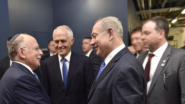 Jewish leader Mark Leibler with then-Australian PM Malcolm Turnbull and Israeli Prime Minister Benjamin Netanyahu in 2017. Picture: Supplied