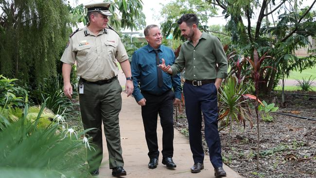 Corrections Commissioner Matthew Varley, left, CDU Tafe chief executive Michael Hamilton and Attorney-General Chansey Paech announce a $1.7 per-year training partnership between the university and the prisons.