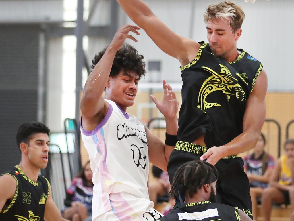 Basketball Queensland First Nations Championships at Coomera. Dreamers (white) v Erub Utd. Picture Glenn Hampson