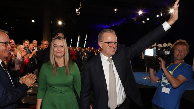 Anthony Albanese and partner Jodie Haydon, Labor Party launch at Optus Stadium, Perth WA. Picture: Liam Kidston.