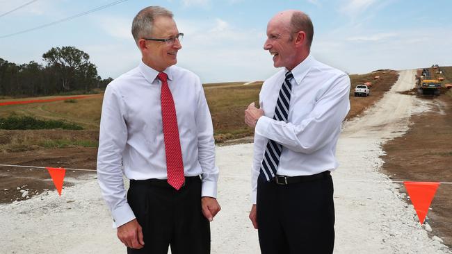 Minister for Urban Infrastructure and Cities Paul Fletcher, left, with Paul O'Sullivan, chair of WSACO on the site of the new Western Sydney Airport at Badgerys Creek. Picture: John Feder.