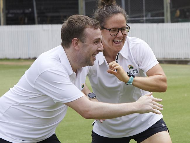 AFLW star Emma Kearney works out with Herald Sun reporter Sam Landsberger