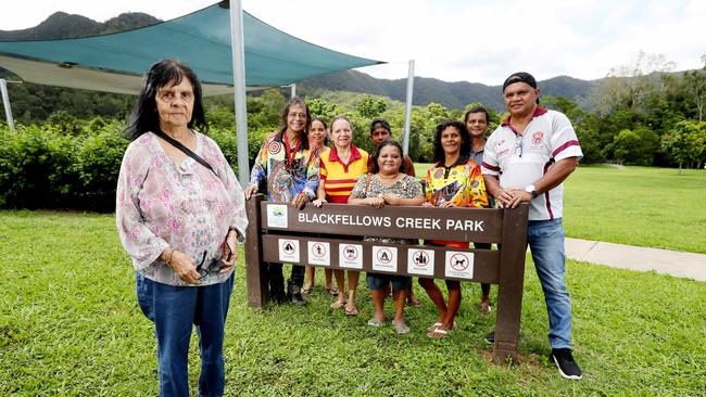 Blackfellows Creek is being renamed Bana Gindarja and Blackfellows Creek Park is being renamed the Allan and May Oliver Park. May Oliver with eight of her 10 children, Allan Oliver, Jr, Estella Harris, Charlotte Wone, Frank Oliver, Selina Oliver, Phillip Oliver, Marilyn Oliver and James Oliver at the park. Picture: Stewart McLean