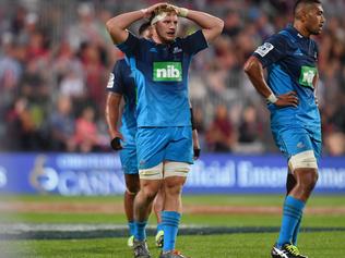 CHRISTCHURCH, NEW ZEALAND - MARCH 17: Blake Gibson of the Blues reacting during the round four Super Rugby match between the Crusaders and the Blues at AMI Stadium on March 17, 2017 in Christchurch, New Zealand. (Photo by Kai Schwoerer/Getty Images)