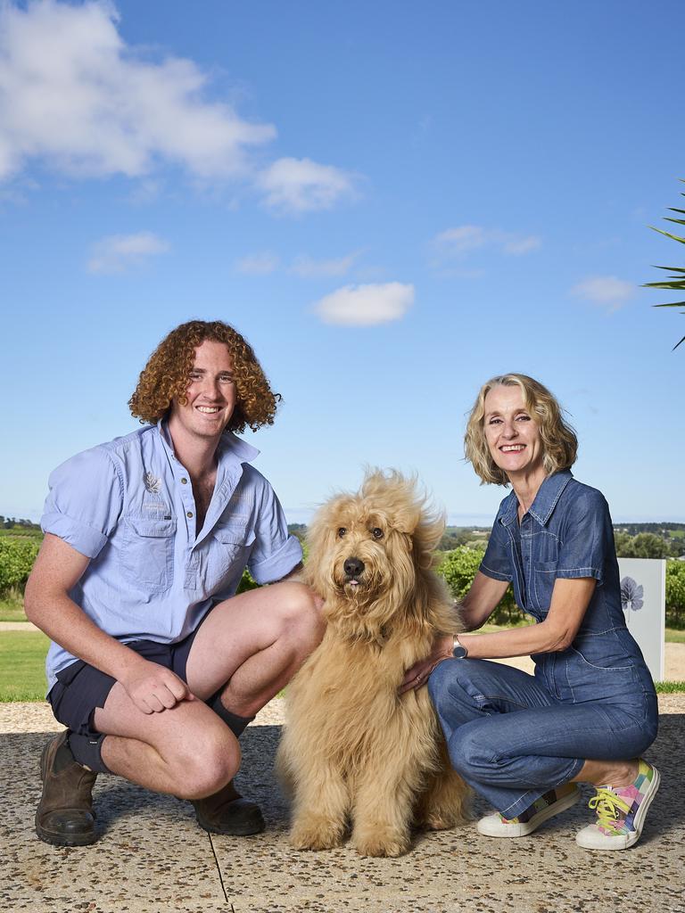 Charlie O’Brien, Dave, 7, the Groodle, and Helen O’Brien at Kangarilla Road Wines. Picture: Matt Loxton