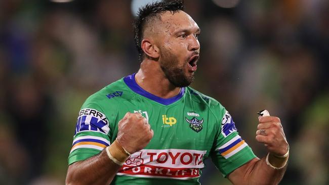 CANBERRA, AUSTRALIA - MARCH 26:   Jordan Rapana of the Raiders celebrates victory after the round three NRL match between the Canberra Raiders and the Gold Coast Titans at GIO Stadium, on March 26, 2022, in Canberra, Australia. (Photo by Matt King/Getty Images)