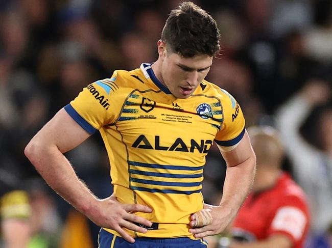 SYDNEY, AUSTRALIA - OCTOBER 02: Mitchell Moses of the Eels looks on during the 2022 NRL Grand Final match between the Penrith Panthers and the Parramatta Eels at Accor Stadium on October 02, 2022, in Sydney, Australia. (Photo by Cameron Spencer/Getty Images)