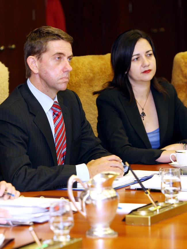 Cameron Dick and Annastacia Palaszczuk sit in some retro chairs at the first meeting of Anna Bligh’s post-09 election cabinet inside the Executive Building, Brisbane. Picture: News Corp