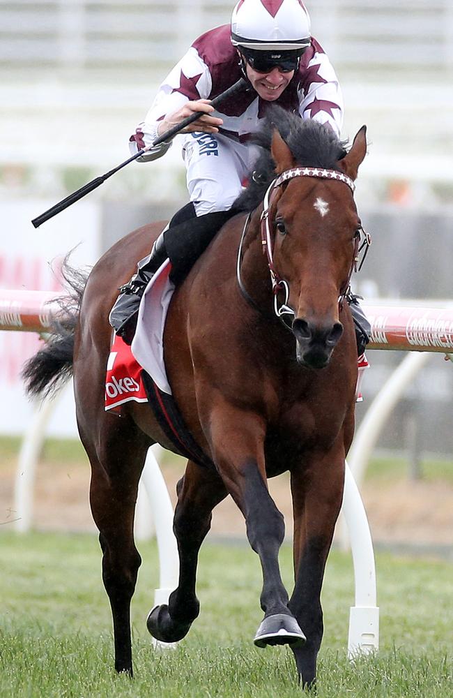 John Allen rides Cliff's Edge to victory in the Caufield Classic. Picture: AAP