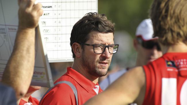 SANFL: North Adelaide v Norwood at Prospect Oval. North coach Josh Carr at quarter time. 25 April 2019. Picture Dean Martin