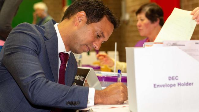 Labor candidate for Banks Chris Gambian casts his vote at Mortdale Public School. Picture: Jordan Shields