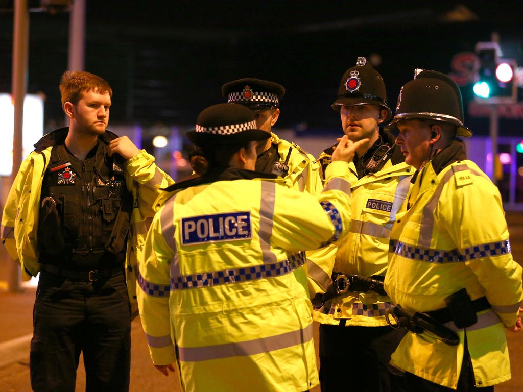 Emergency services arrive close to the Manchester Arena after reports of an explosion at the venue during an Ariana Grande concert. Picture: Getty