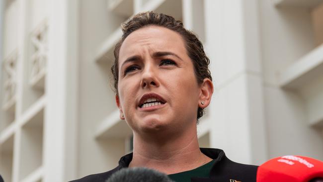 Leader of the Opposition, Northern Territory Government of Australia Lia Finocchiaro holds a press conference in front of the parliament. Picture: Pema Tamang Pakhrin