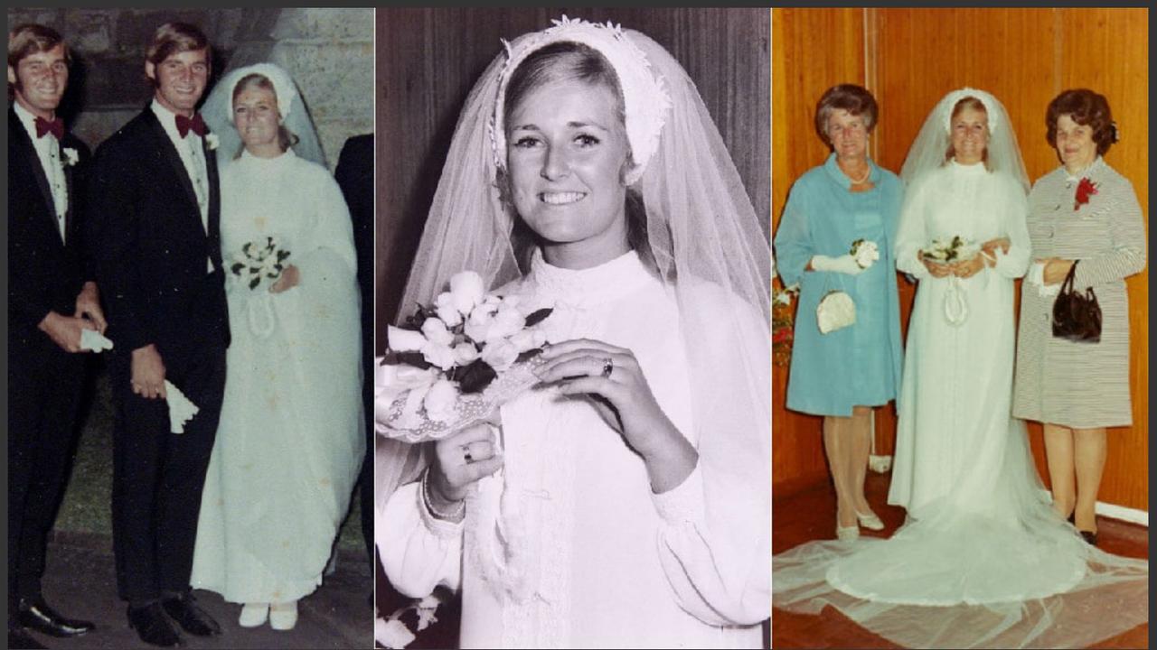 Chris and Lyn Dawson on their wedding day, 1970. They were both aged 21. In the photograph on the right, Lyn is pictured with her mother Helena (left) and Chris’s mother, Joan. Picture: Simms family