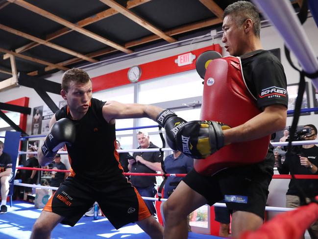 Jeff Horn training with Dundee Kim in Las Vegas in the United States ahead of this weekend’s fight with Terence Crawford. Picture: Peter Wallis