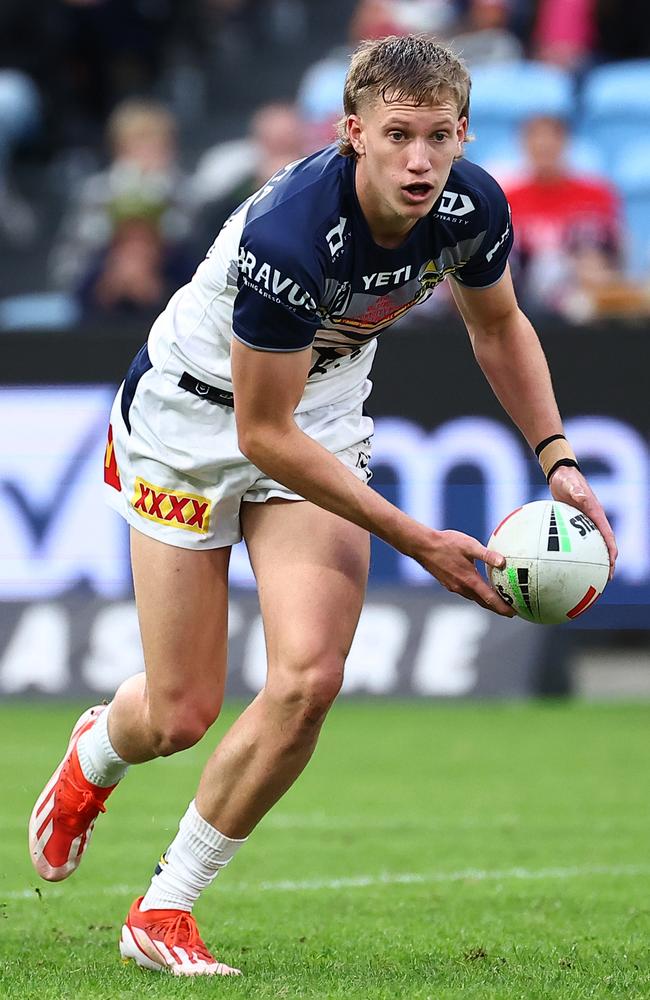 Jaxon Purdue was literally half the age of his direct adversary Michael Jennings but showed no signs of nerves as he played his confident brand of attacking footy. (Photo by Jeremy Ng/Getty Images)