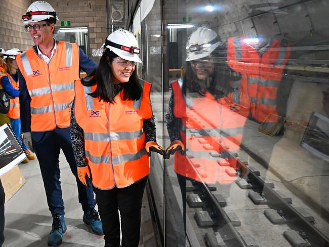 BRISBANE, AUSTRALIA - NewsWire Photos - MARCH 26, 2024.Queensland State Development and Infrastructure Minister Grace Grace and Transport Minister Bart Mellish (centre) are given an update by Graeme Newton, the CEO of the Cross River Rail Delivery Authority, as they visit the site of the Roma Street Cross River Rail station in Brisbane.Picture: Dan Peled / NCA NewsWire