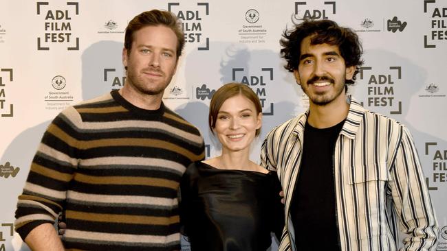 Hotel Mumbai co-stars Armie Hammer, Tilda Cobham-Hervey and Dev Patel in Adelaide. At the Hilton Hotel. Photo Naomi Jellicoe