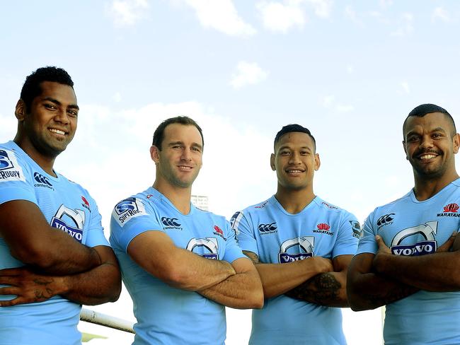 members of the Waratahs Back line L to R: Taqele Naiyaravoro, Matt Carraro, Israel Folau and Kurtley Beale, ahead of their game against the Brumbies. Picture: John Appleyard